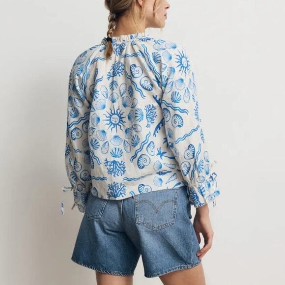 Saylor Svetlanna Top Shell Print Linen Blend Peasant Blouse Blue Off-White XS - Picture 2 of 8